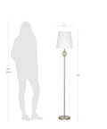Transitional 3 Piece Table And Floor Lamp Set With Glass Font Detail, 58 Inch floor lamp, brushed nickel finish, white shade