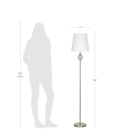 Transitional 3 Piece Table And Floor Lamp Set With Glass Font Detail, 58 Inch floor lamp, brushed nickel finish, white shade