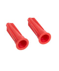 Two red nozzle caps from 12 Piece Pro Grade Caulking Tool Kit With Silicone Sealant Finishing Tools For Windows Doors Kitchens Sinks Bathrooms And Floors