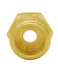Front view of brass adapter for faucet hoses, 1/2 G male to 3/8 compression female thread fitting, ideal for kitchen and bathroom plumbing.