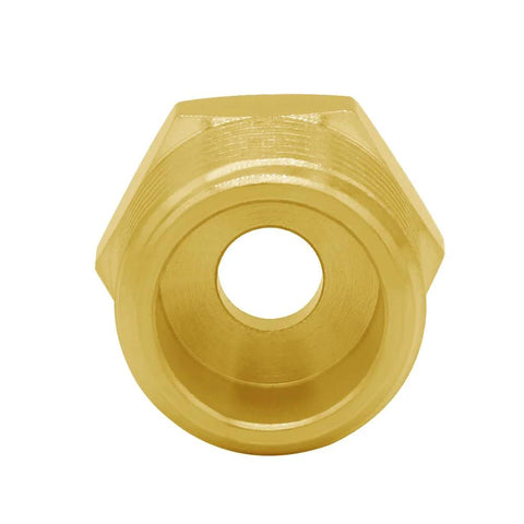 Front view of brass adapter for faucet hoses, 1/2 G male to 3/8 compression female thread fitting, ideal for kitchen and bathroom plumbing.
