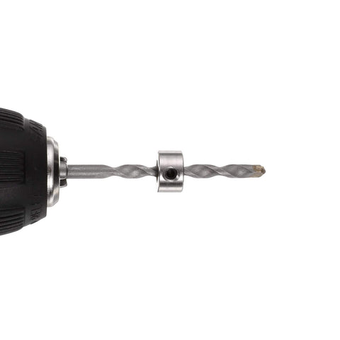 Drill with a Twenty Piece Set Screw Shaft Collar With 5.05mm Bore, 10mm OD, 5mm Width, Nickel Plated Carbon Steel Drill Stop Collar attached