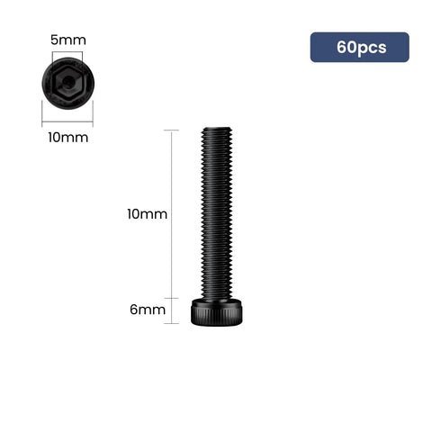 Top Shelf Heavy Duty M6 X 10mm Hex Socket Head Cap Screw Pack 60 Pieces 12.9 Grade Alloy Steel With Black Oxide Coating And Allen Key Full Thread Machine Fasteners image showing dimensions and profile of a hex socket screw.