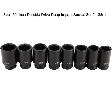 Beefy Deep Impact Socket Set 8 Piece 3 4 Inch Drive Steel Construction 24mm To 38mm High Strength Pro Grade Tool Kit Displayed