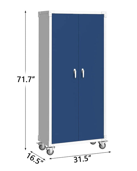 Heavy Duty Metal Storage Cabinet With Locking Doors And Wheels, Adjustable Shelves, Powder Coated Steel in blue with measurements
