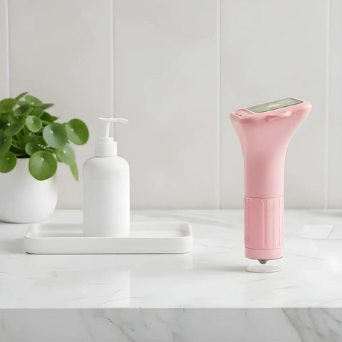 Pink portable handheld microscope for kids with high magnification on bathroom counter, lightweight classroom science tool.