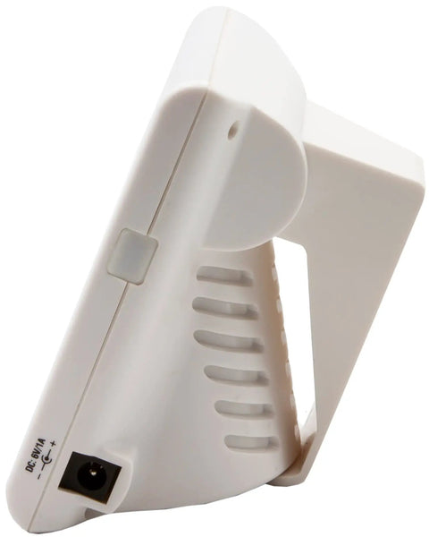 Side view of GSM200 Desktop Indoor Air Quality Monitor With CO2 Humidity And Temperature, showcasing the support stand and vent design.