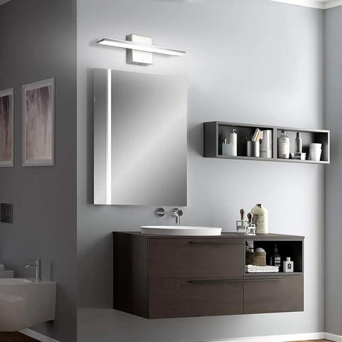 Lit Modern LED Vanity Light Bar For Bathroom, 16 Inch Chrome Mirror Light Fixture above a bathroom mirror