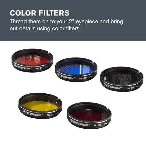 Set of five color filters from All In One 2 Inch Eyepiece And Filter Kit With 12 Piece Telescope Accessory Set E Lux Eyepiece