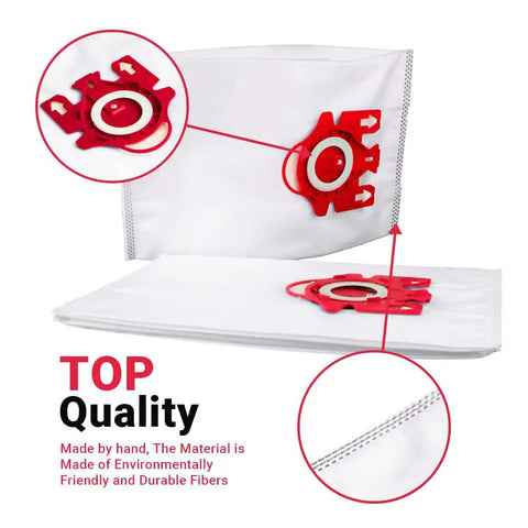 Close-up of Miele Type FJM AirClean 3D Efficiency Canister Vacuum Bags 15 Pack showing red sealing collar and stitching