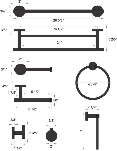 Dimensions of Dope Matte Black Bathroom Accessories Set 24 Inch Double Towel Bar Wall Mounted SUS304 Stainless Steel Hardware