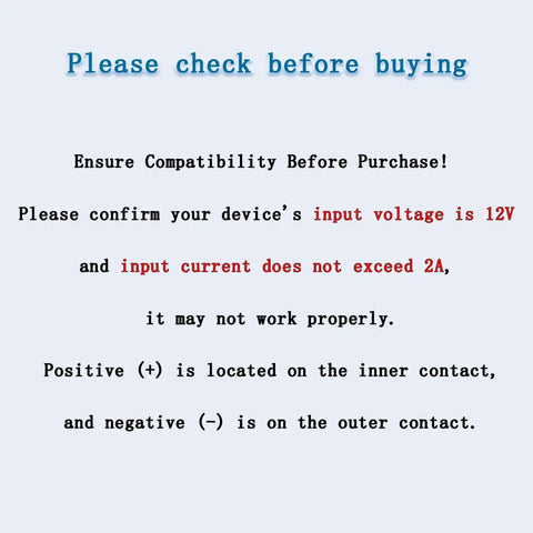 Compatibility check instructions for 12V 2A Power Supply AC Adapter With 10 Tips, highlighting voltage and current requirements.