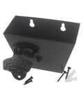 Hefty Black Cast Iron Wall Mounted Beer Bottle Opener With Spacious Cap Catcher Bucket includes mounting hardware and screws.