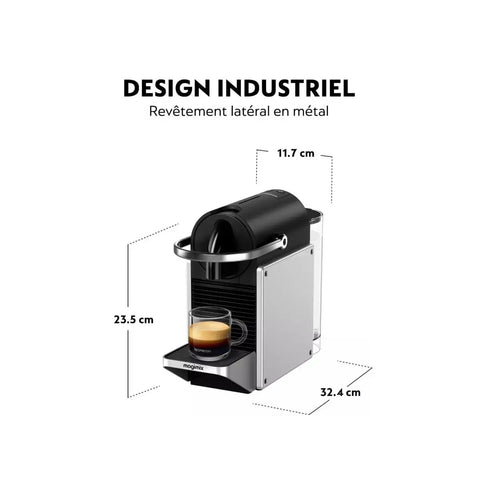 Front view of Pixie EN127S One Button Capsule Espresso Machine With a Legit 19 Bar Pump Quick Heat System Ultra Compact Silver