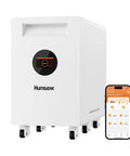 No Sweat 48V 628Ah LiFePO4 Lithium Battery With Active Balancing Bluetooth App Control showing LCD display and app.
