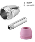 Jiawu Plasma Cutter Consumables Kit With 90 Pieces Featuring 35 Electrodes 35 Nozzles Plus 20 Ceramic Cups close-up of nozzles and ceramic cups.