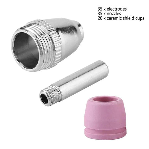 Jiawu Plasma Cutter Consumables Kit With 90 Pieces Featuring 35 Electrodes 35 Nozzles Plus 20 Ceramic Cups close-up of nozzles and ceramic cups.