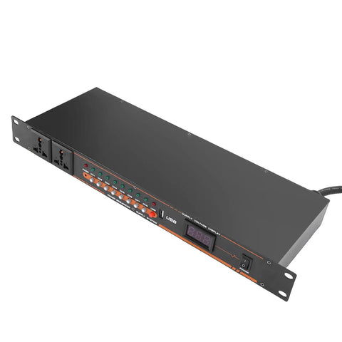 Rock Solid 10 Outlet Power Sequencer With Digital Display And Surge Guard For Home Studio Gear US Plug, black metal design, 10 outlets.