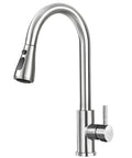 Premium Stainless Steel Pull Down Kitchen Faucet With Three Mode Spray Head Stream Spray Pause Modes Quick No Hassle Install And Smooth Flow side view with high arch spout