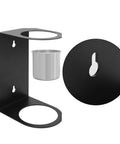 Kickass Wall Mounted Funnel Organizer Rack With Heavy Duty Iron Frame For Hella Tight Workshop Storage And Rust Resistant Industrial Shelf Brackets System, close-up of iron wall mount with funnel holder and storage cup.
