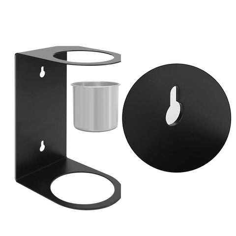 Kickass Wall Mounted Funnel Organizer Rack With Heavy Duty Iron Frame For Hella Tight Workshop Storage And Rust Resistant Industrial Shelf Brackets System, close-up of iron wall mount with funnel holder and storage cup.