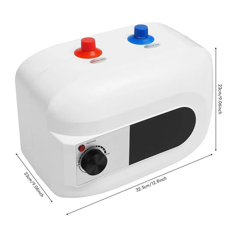 Premium Super Smooth 110V Under Sink Electric Water Heater Delivering Rock Solid 1500W Instant Heat And Hassle Free Auto Refill Design For Tight Bathroom Corners showing white unit with control knob and red/blue buttons.