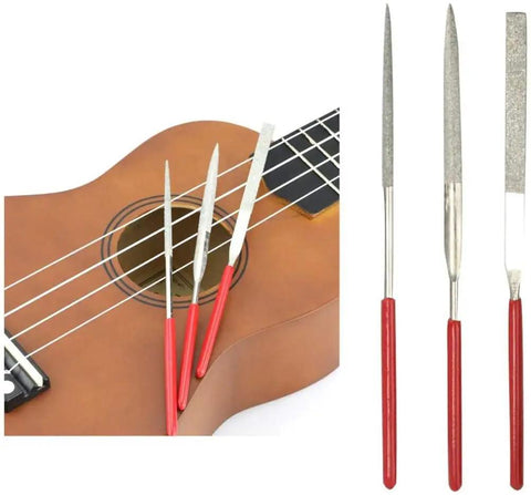 61 Piece Guitar Repair Tool Kit with grinding files and acoustic guitar, ideal for quick tuneups and maintenance.