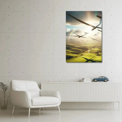 Freedom Over The Green Hills Wall Art Dope Canvas Print Or Poster Ready To Hang 30x20, featuring gliders over lush landscape