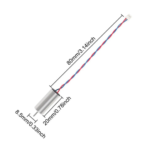 Diagram of 8520 Coreless Micro DC Motor 8.5x20mm High RPM with JST 1.25mm connector, dimensions detailed for drone builds.