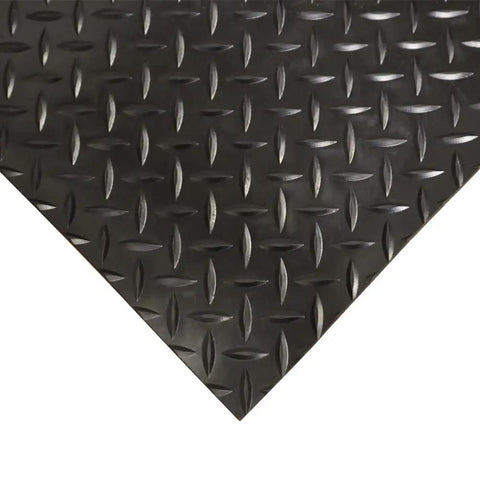 Corner view of black diamond plate rubber flooring roll 3 mm thick 4 ft by 3 ft heavy duty floor mat for garage and workshop