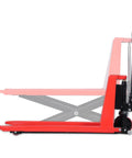 Heavy Duty Manual Scissor Pallet Jack Truck With A Breezy 3300 Pound Lift Capacity And Straight Forward Hydraulic Pump side view showing hydraulic mechanism.