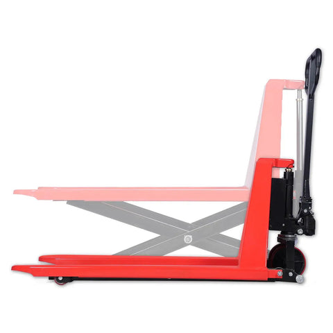 Heavy Duty Manual Scissor Pallet Jack Truck With A Breezy 3300 Pound Lift Capacity And Straight Forward Hydraulic Pump side view showing hydraulic mechanism.