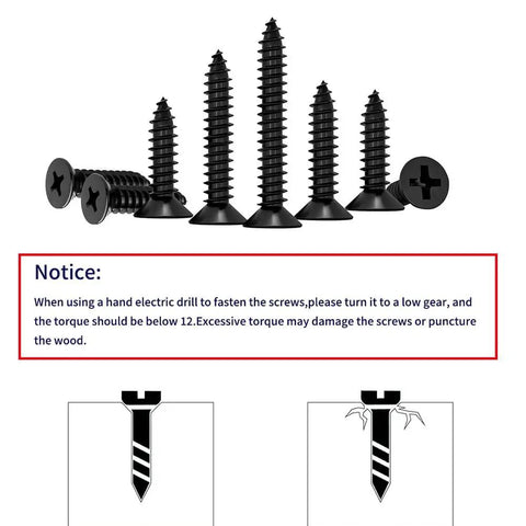 600 Piece Small Wood Screws Kit Self Tapping Phillips Drive M3 And Size Four 6 8 10 12mm Black Carbon Steel Short Cabinet And Tiny Screws For Electronics DIY Micro Woodworking, black Phillips wood screws with warning note