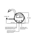 Digital Electronic Thickness GAGE 0-1"/25mm showing measurement features, LCD display, and buttons for metric/inch conversion.