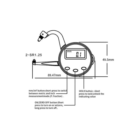 Digital Electronic Thickness GAGE 0-1"/25mm showing measurement features, LCD display, and buttons for metric/inch conversion.