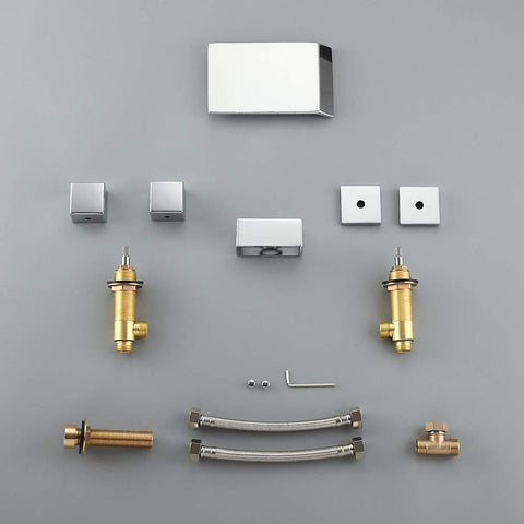 Waterfall Spout Bathroom Sink Faucet In Polished Chrome For Three Hole Widespread Setup with parts and Double Square Handles