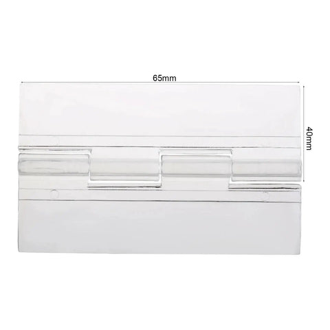 Two Pack Clear Acrylic Folding Hinges For Furniture Cabinets Jewelry Boxes 65 By 40mm Mini Hinge Hardware Set on white background.