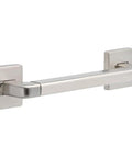 12-Inch Angled Stainless Grab Bar for Easy Access Concealed Mounting Heavy-Duty 500 LB Support Rust-Resistant Finish Includes Mounting Hardware and 3-Inch Square Flanges, shown from a side angle emphasizing the square flanges and steel finish.