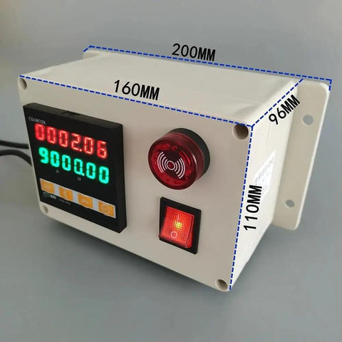 Heavy Duty Rotary Encoder With 300 Ppr Digital Length Counter showing a relay output panel with LED display and buttons.