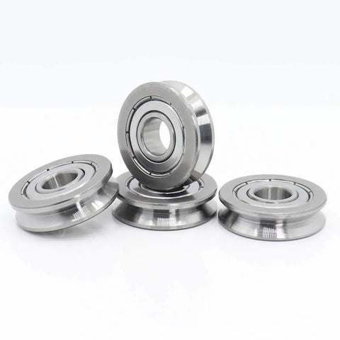 Heavy Duty V Groove Sealed Ball Bearings For Smooth Rolling On Pulleys And Linear Guides 10X30X8MM Fits Models 103008V 4 Pack replacement bearings stacked in metal finish.