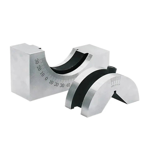 Precision CNC Milling V Block With Fine Angle Adjustment Scales Hold Clamp Vice Grip, hard quenched steel in a bevel angle setup.