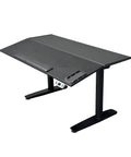 Slick Big League Fifty Five Inch Electric Standing Desk featuring tilted matte black surface and control panel for height adjustment.