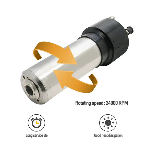 High Performance Water Cooled Spindle Equipped With Automatic Tool Change System And ISO20 Retainer Built To Power Through The Daily Grind For Zero Hassle Cnc Metal Machining At 2.2KW And 24000RPM featuring rotating shaft and heat dissipation.