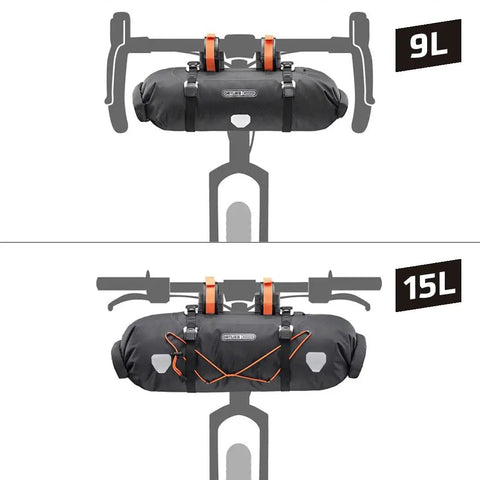 Handlebar Pack For Bike With Dual Roll Closures For Quick Access, Camlock Strap Hook, Easy Steering Tube Belt Adjustment, shown in 9L and 15L sizes