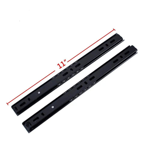 Heavy Duty 3 Section Ball Bearing Drawer Slides With Snappy Quick Release, Side Mount Black Metal Cabinet Tracks, 11 inch length.