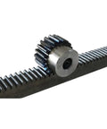 Beefy Steel Gear Rack Set For CNC Milling, 1Mod rack and 20T spur gear close-up, showing gear teeth and 6mm hole for shaft