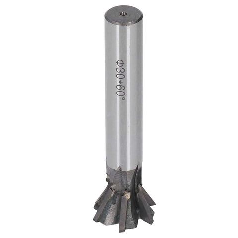 Front view of 30mm 60° dovetail cutter with 6-flute carbide end mill and straight shank.