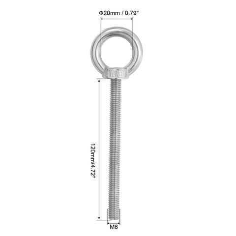 M8 x 120mm Lifting Shoulder Eye Bolts Set, 3 Pack, 304 Stainless Steel Threaded Eyebolts With Nuts And Washers, detailed view