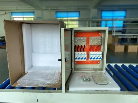No Sweat 500A DC Combiner Box 4 To 2 Out Pre Wired Cable Kit For 48V Lifepo4 Battery Bank parallel hookup, open view showing wiring and internal layout.