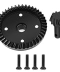 RC Gearbox Differential Gear Set 43T 10T Steel Gears For 1/8 Scale 4WD Sledge Off Road Truck Upgrade Part consisting of a large black steel gear next to a smaller pinion gear and screws, showcasing the product's CNC machined precision and durability.